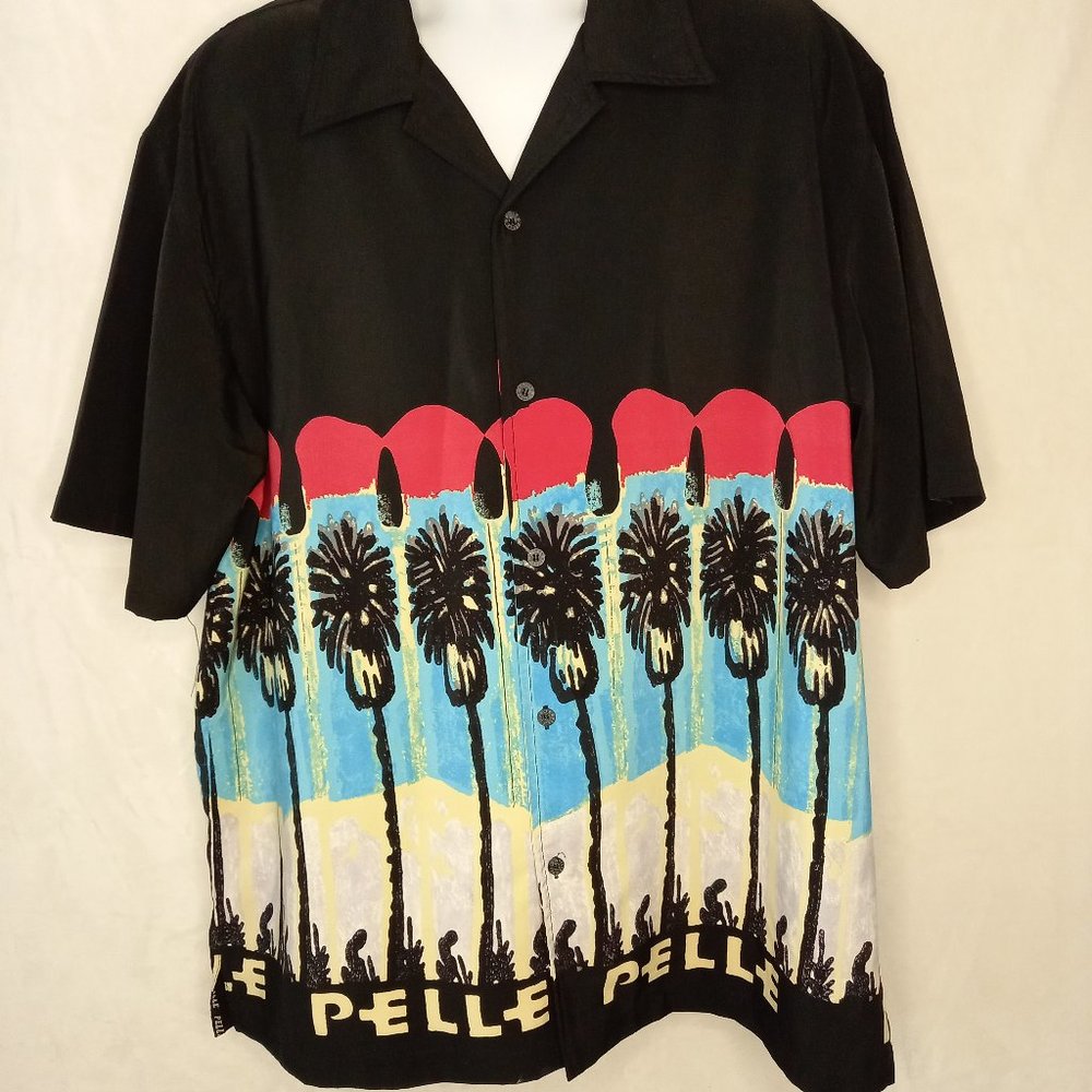 Pelle Pelle Black Palm Tree Graphic Button-Down Shirt with Red and Blue Accents